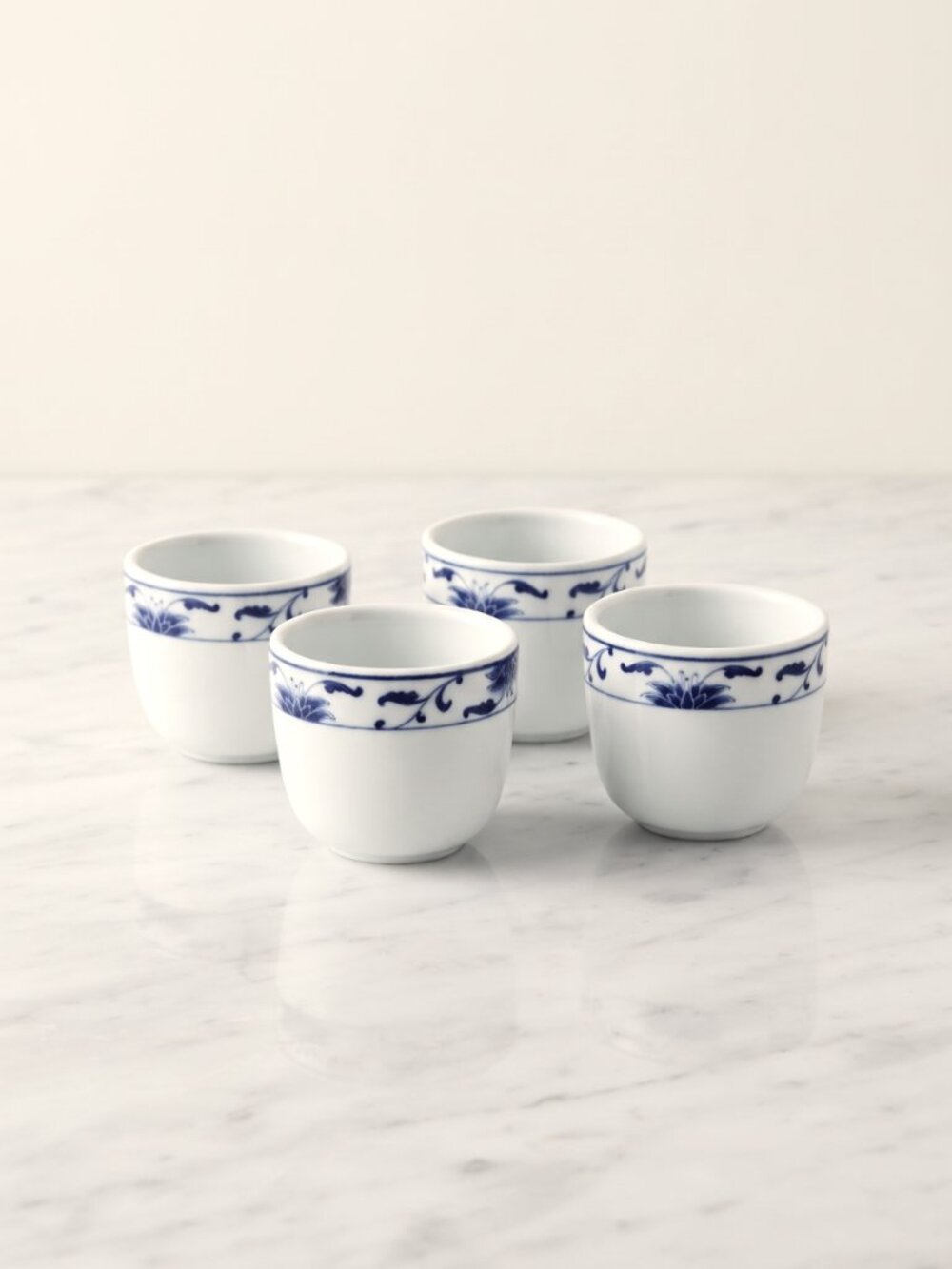 Cameo China Blue Lotus Sake Tea Cups Set of 4 Porcelain 5oz Unhandled Cups